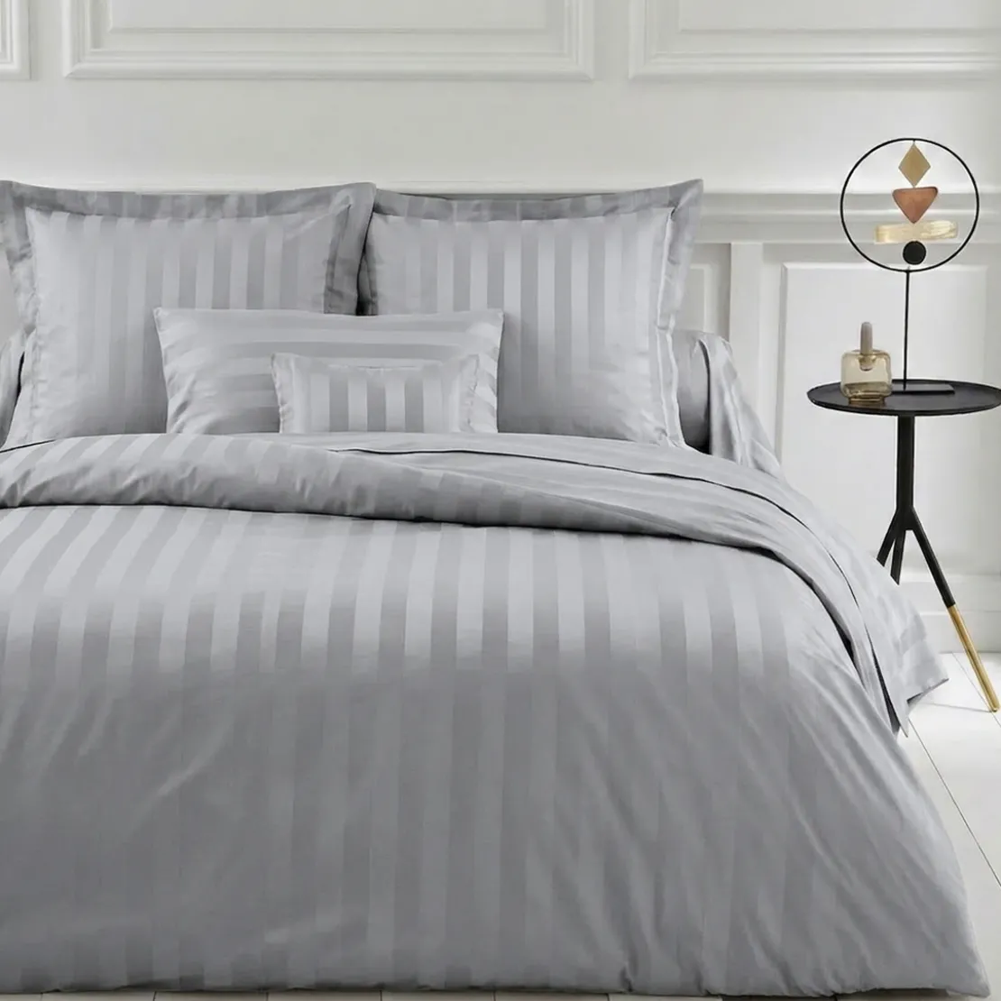 3S. x TertioDrap-housse sommier articulé Satin De Coton rayé - Gris - Perle