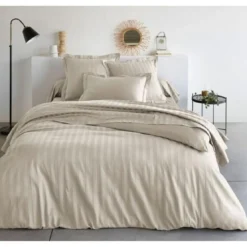 3S. x TertioDrap-housse sommier articulé Satin De Cotonrayé - Beige - Ecru