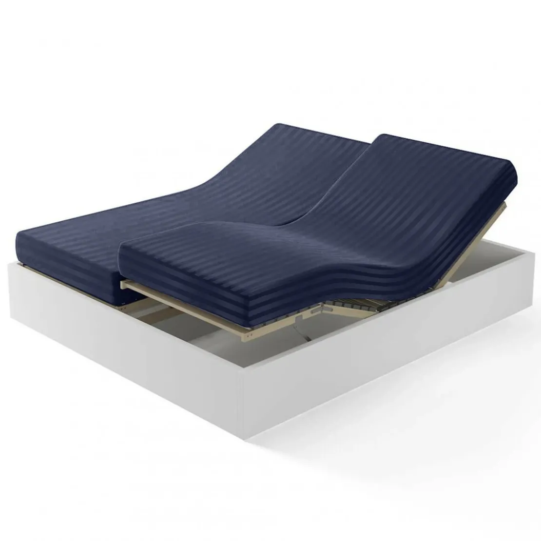 3S. x TertioDrap-housse sommier articulé satin de coton rayé - Bleu - Indigo