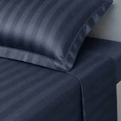 3S. x TertioDrap plat satin de coton rayé - Bleu - Indigo