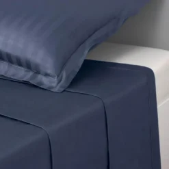 3S. x TertioDrap plat uni satin de coton - Bleu - Indigo