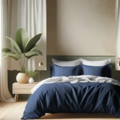 3S. x TertioHousse de couette Coton - Blanc / Bleu indigo