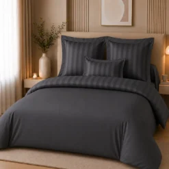 3S. x TertioHousse de couette satin de coton 2 faces uni / rayé - Gris - Anthracite
