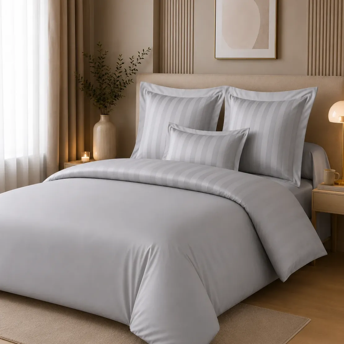 3S. x TertioHousse de couette satin de coton 2 faces uni / rayé - Gris - Perle