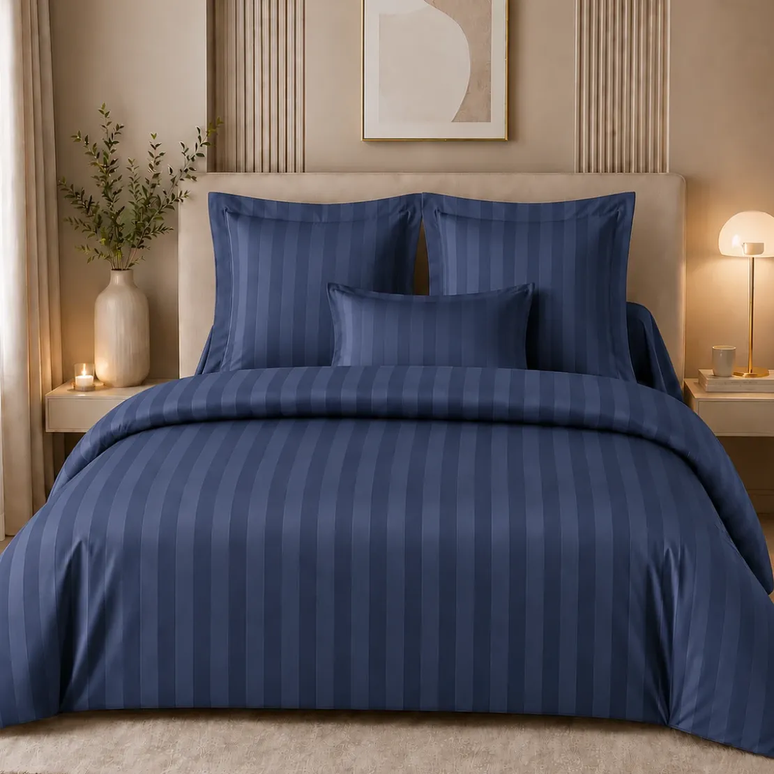 3S. x TertioParure Satin de coton 2 faces uni / rayé - Bleu indigo