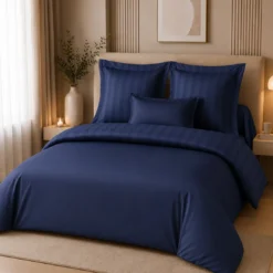 3S. x TertioParure Satin de coton 2 faces uni / rayé - Bleu indigo
