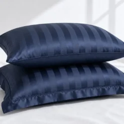 3S. x TertioTaie d'oreiller ou de traversin satin de coton 2 faces uni / rayé - Bleu - Indigo