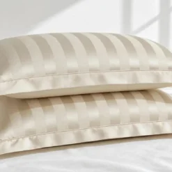 3S. x TertioTaie d'oreiller ou de traversin satin de coton 2 faces uni / rayé - Beige - Ecru