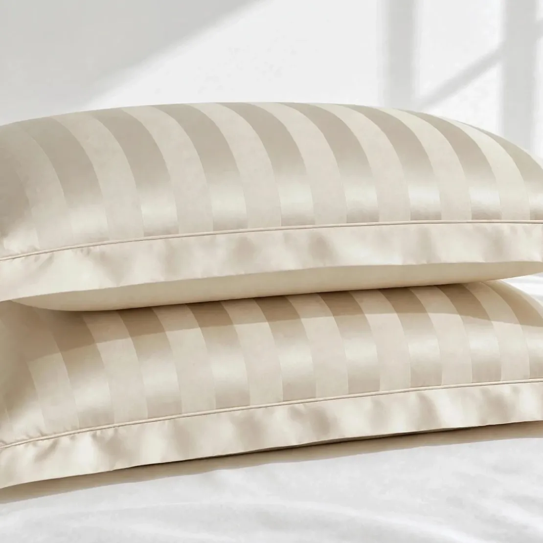 3S. x TertioTaie d'oreiller ou de traversin satin de coton 2 faces uni / rayé - Beige - Ecru