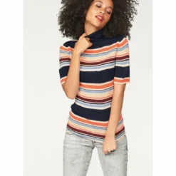 Tom TailorPull maille côtelée rayée col roulé manches courtes femme Tom Tailor Denim - Bleu