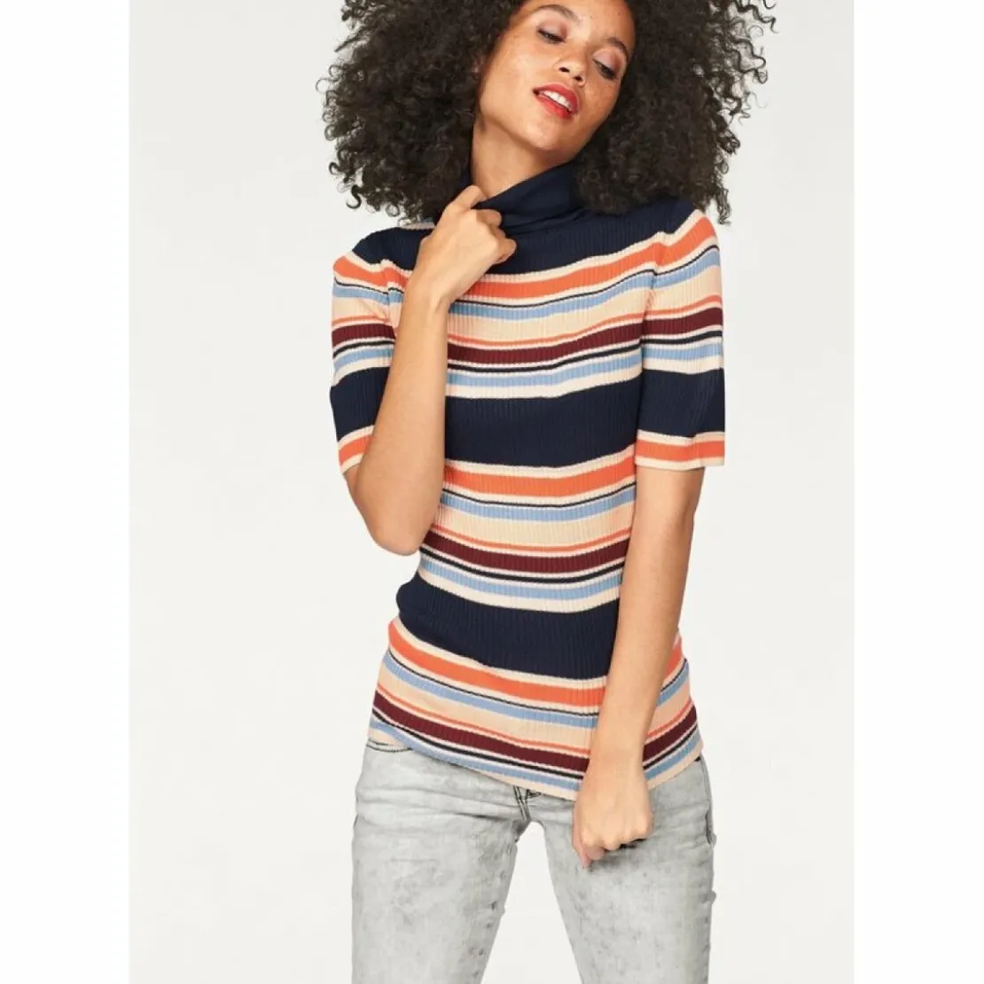 Tom TailorPull maille côtelée rayée col roulé manches courtes femme Tom Tailor Denim - Bleu