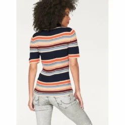 Tom TailorPull maille côtelée rayée col roulé manches courtes femme Tom Tailor Denim - Bleu