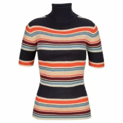 Tom TailorPull maille côtelée rayée col roulé manches courtes femme Tom Tailor Denim - Bleu