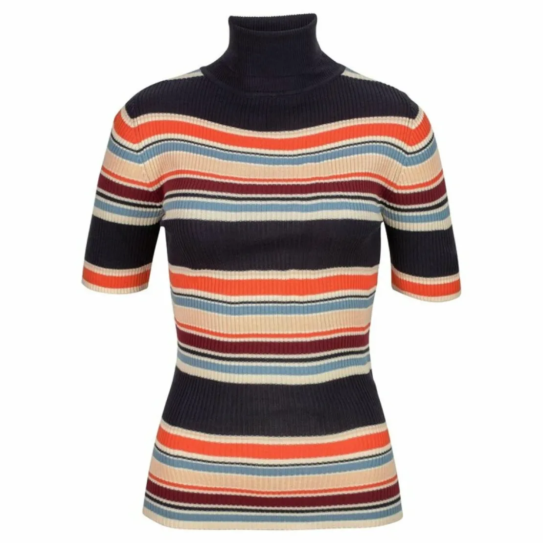 Tom TailorPull maille côtelée rayée col roulé manches courtes femme Tom Tailor Denim - Bleu