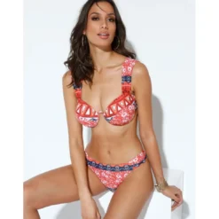 VencaCulotte de bikini doublée, imprimé à frise - Rouge