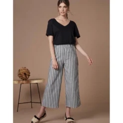 VencaPantalon rayé jacquard tissu avec lin noir