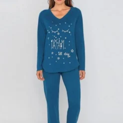 VencaPyjama tee-shirt asymétrique imprimé pantalon uni femme - Bleu Nuit
