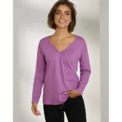 VencaT-shirt à manches longues et col en V avec encolure froncée violet