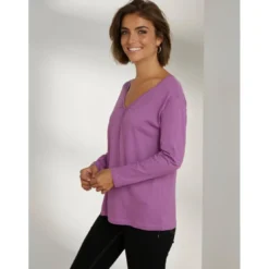 VencaT-shirt à manches longues et col en V avec encolure froncée violet