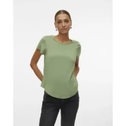 Vero ModaBlouse col rond manches courtes vert en viscose Pia