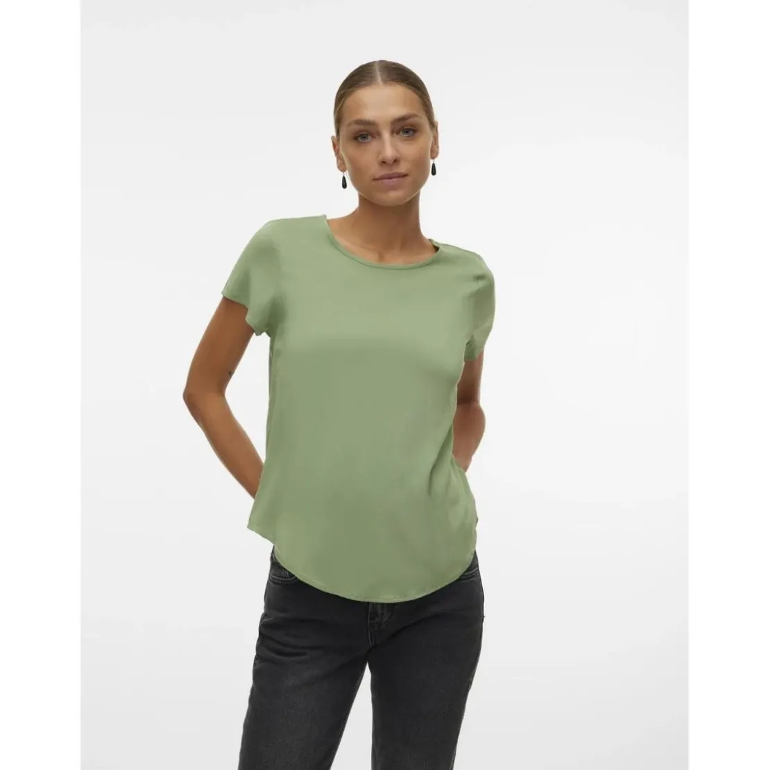 Vero ModaBlouse col rond manches courtes vert en viscose Pia