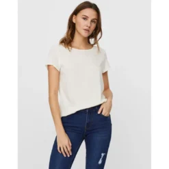 Vero ModaBlouse Regular Fit Col rond Manches courtes Longueur regular blanc en viscose