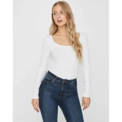 Vero ModaBlouse Slim Fit Col en U Manches longues blanc
