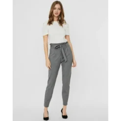 Vero ModaPantalon paperbag Loose Fit Taille haute Pleine longueur gris en viscose