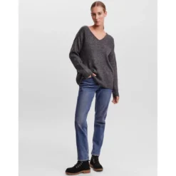 Vero ModaPull en maille Col en V Manches longues gris Sofia