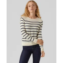 Vero ModaPull en maille Rayures Col rond Manches longues beige Lane