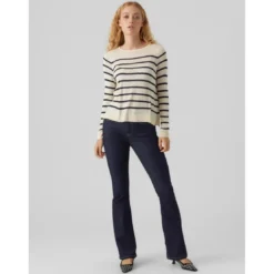 Vero ModaPull en maille Rayures Col rond Manches longues beige Lane