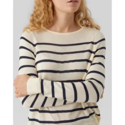 Vero ModaPull en maille Rayures Col rond Manches longues beige Lane
