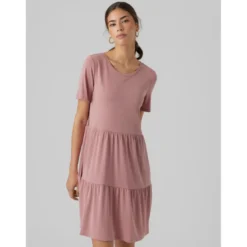 Vero ModaRobe courte Relaxed Fit Col rond Manches 3/4 Au-dessus du genou rose violet en coton modal