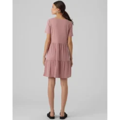 Vero ModaRobe courte Relaxed Fit Col rond Manches 3/4 Au-dessus du genou rose violet en coton modal