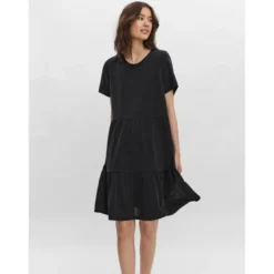 Vero ModaRobe Relaxed Fit Col rond Manches 3/4 Au-dessus du genou noir en coton modal