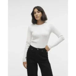 Vero ModaTee shirt manches longues et col rond en coton blanc Ruth