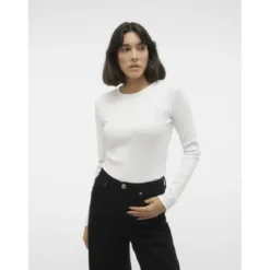 Vero ModaTee shirt manches longues et col rond en coton blanc Ruth