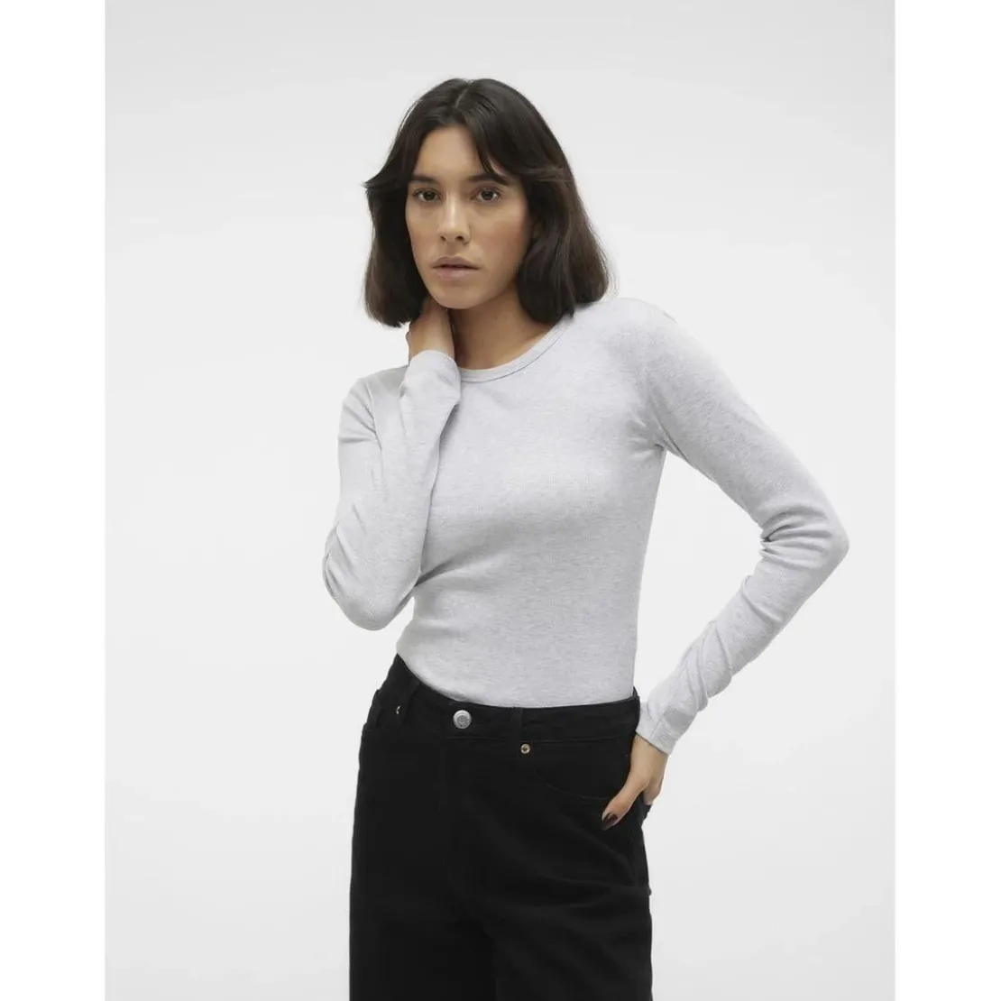 Vero ModaTee shirt manches longues et col rond en coton gris Cléo