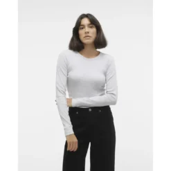 Vero ModaTee shirt manches longues et col rond en coton gris Cléo