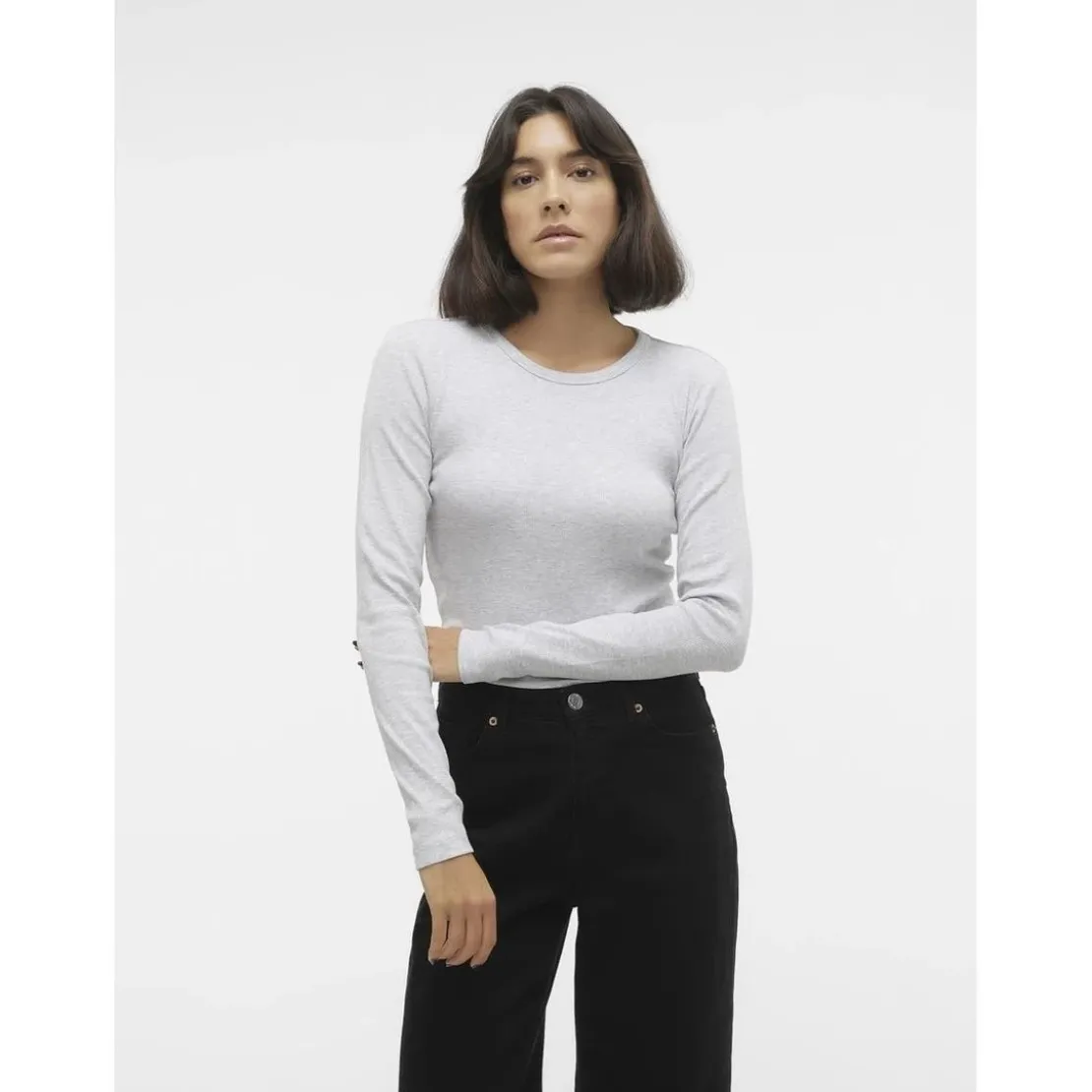 Vero ModaTee shirt manches longues et col rond en coton gris Cléo