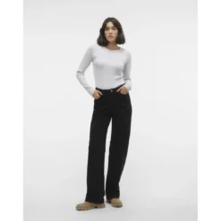 Vero ModaTee shirt manches longues et col rond en coton gris Cléo