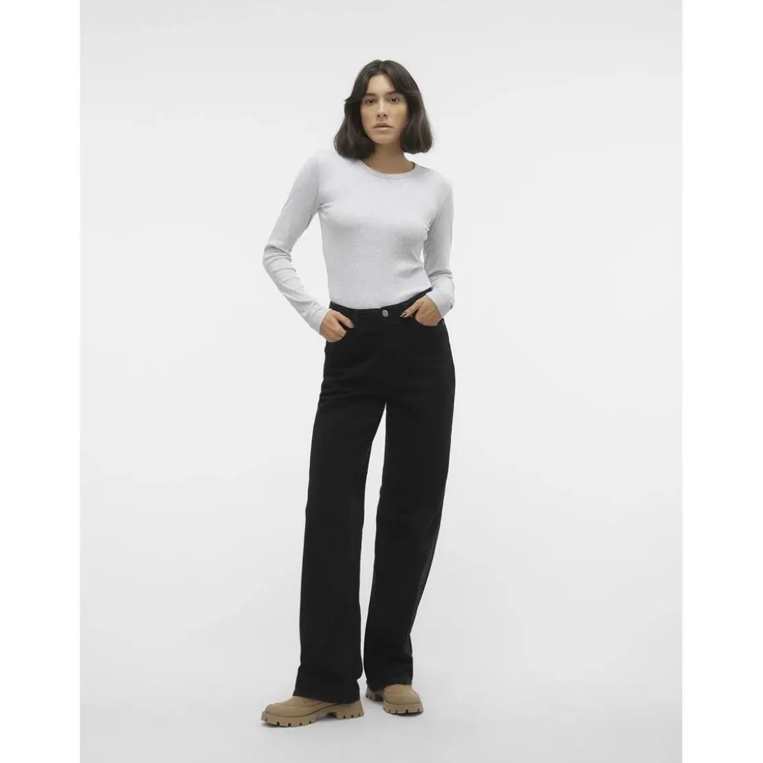 Vero ModaTee shirt manches longues et col rond en coton gris Cléo