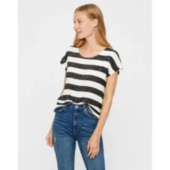 Vero ModaTop Boxy Fit Rayures Col rond Manches courtes Ourlet bas noir en viscose