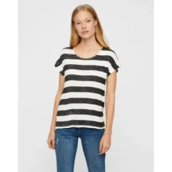 Vero ModaTop Boxy Fit Rayures Col rond Manches courtes Ourlet bas noir en viscose