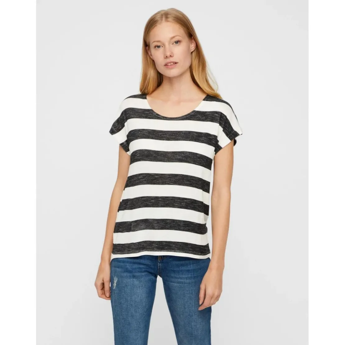 Vero ModaTop Boxy Fit Rayures Col rond Manches courtes Ourlet bas noir en viscose