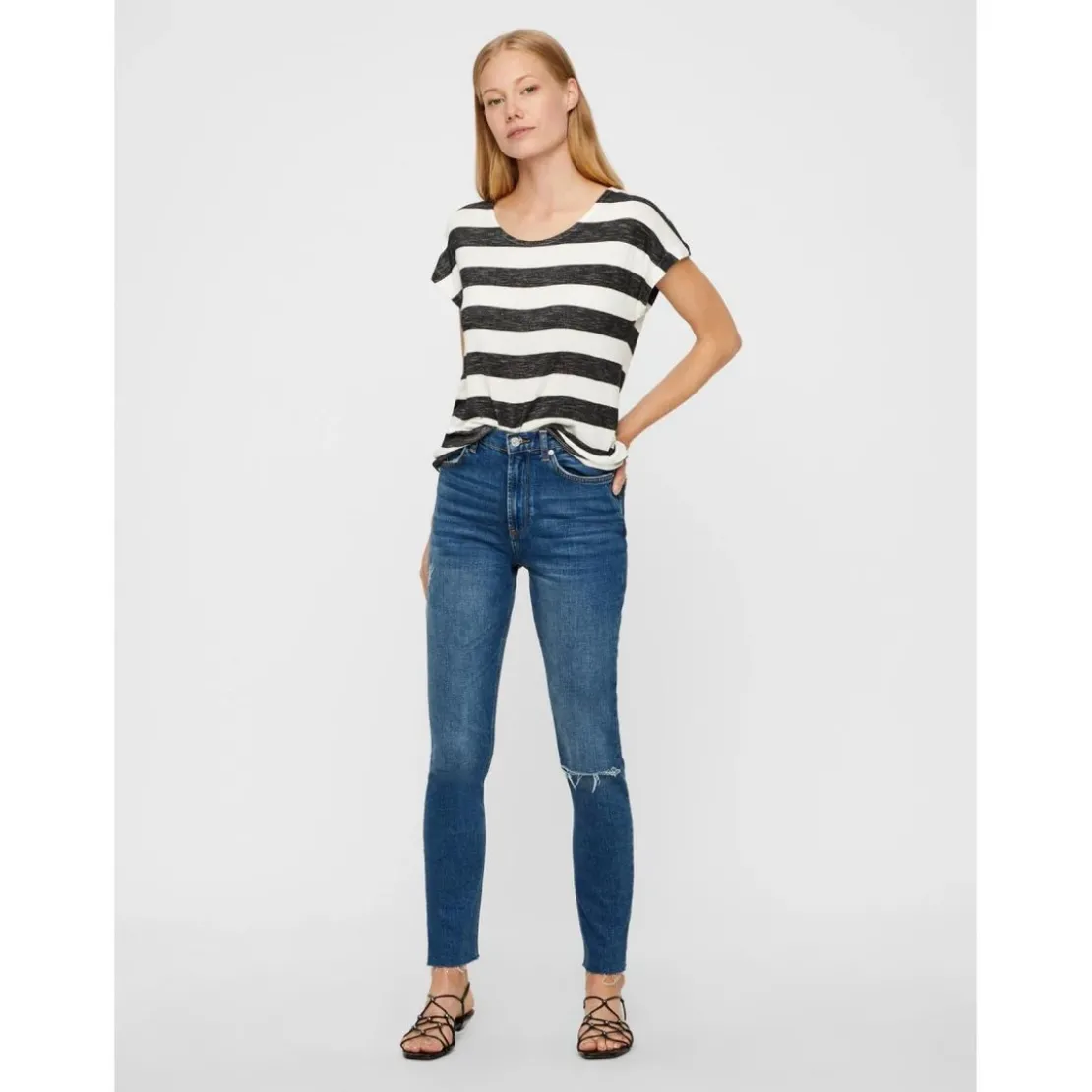 Vero ModaTop Boxy Fit Rayures Col rond Manches courtes Ourlet bas noir en viscose