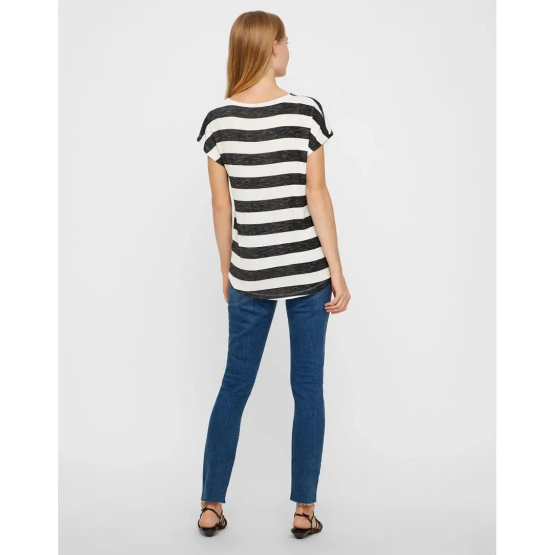 Vero ModaTop Boxy Fit Rayures Col rond Manches courtes Ourlet bas noir en viscose