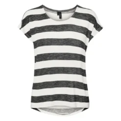 Vero ModaTop Boxy Fit Rayures Col rond Manches courtes Ourlet bas noir en viscose