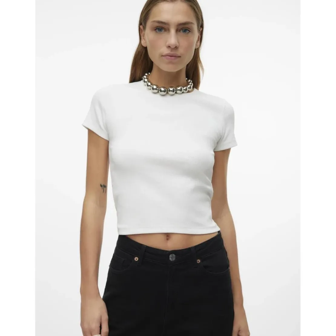 Vero ModaTop col rond manches courtes blanc en coton bio Nia