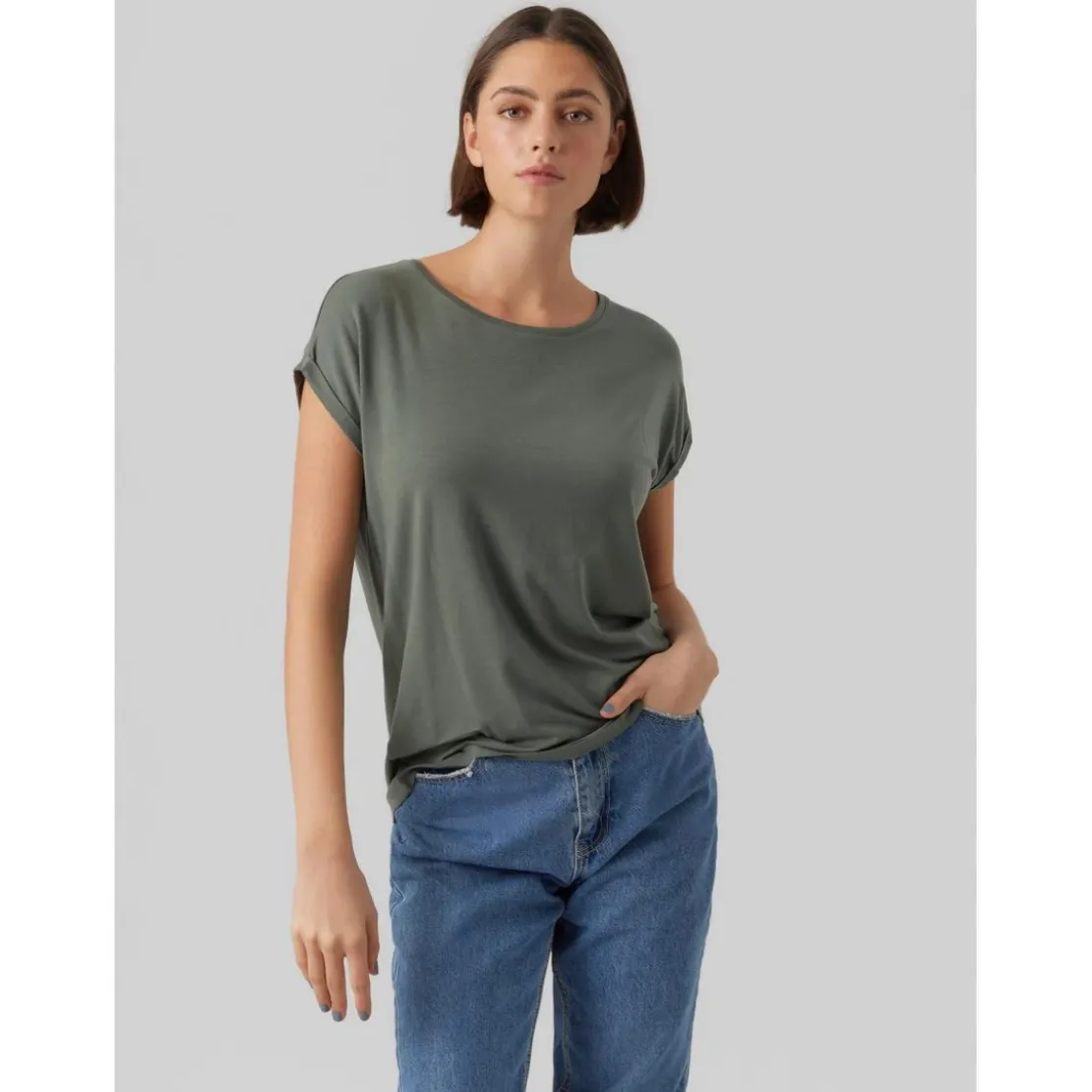 Vero ModaT-shirt Regular Fit Col rond Manches courtes Longueur regular vert en coton Fern